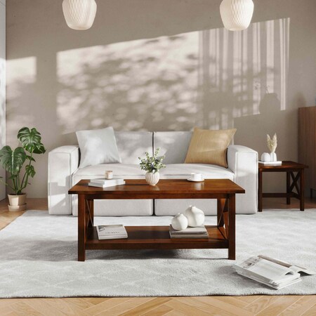Flash Furniture Jasper Farmhouse Style Solid Wood Coffee Table w/X-Frame Design and Lower Shelf in Walnut LFS-2007-WAL-GG